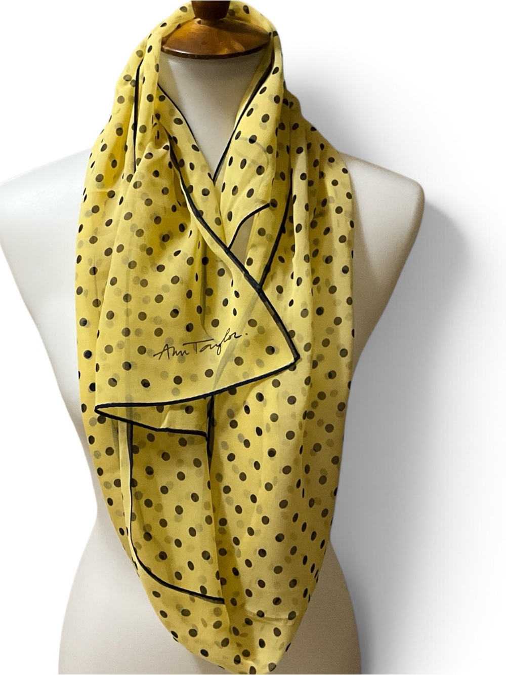 Ann Taylor Yellow Black Polka Dot Long Scarf Sheer Lightweight 70”